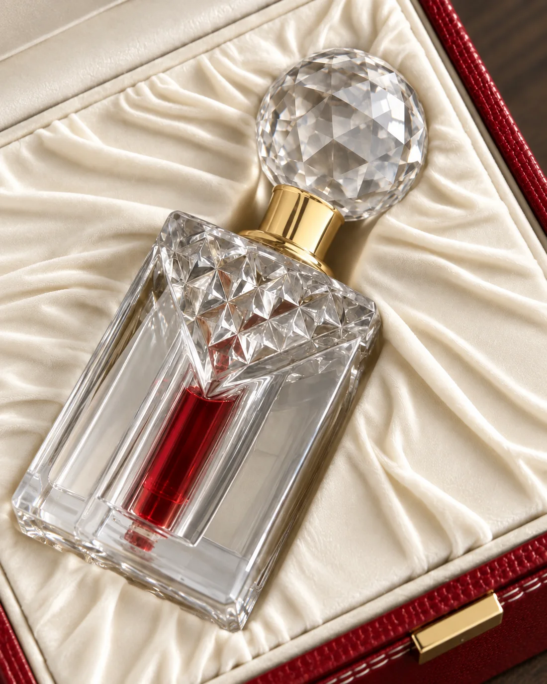 A cut-crystal attar decanter in a crimson coffret