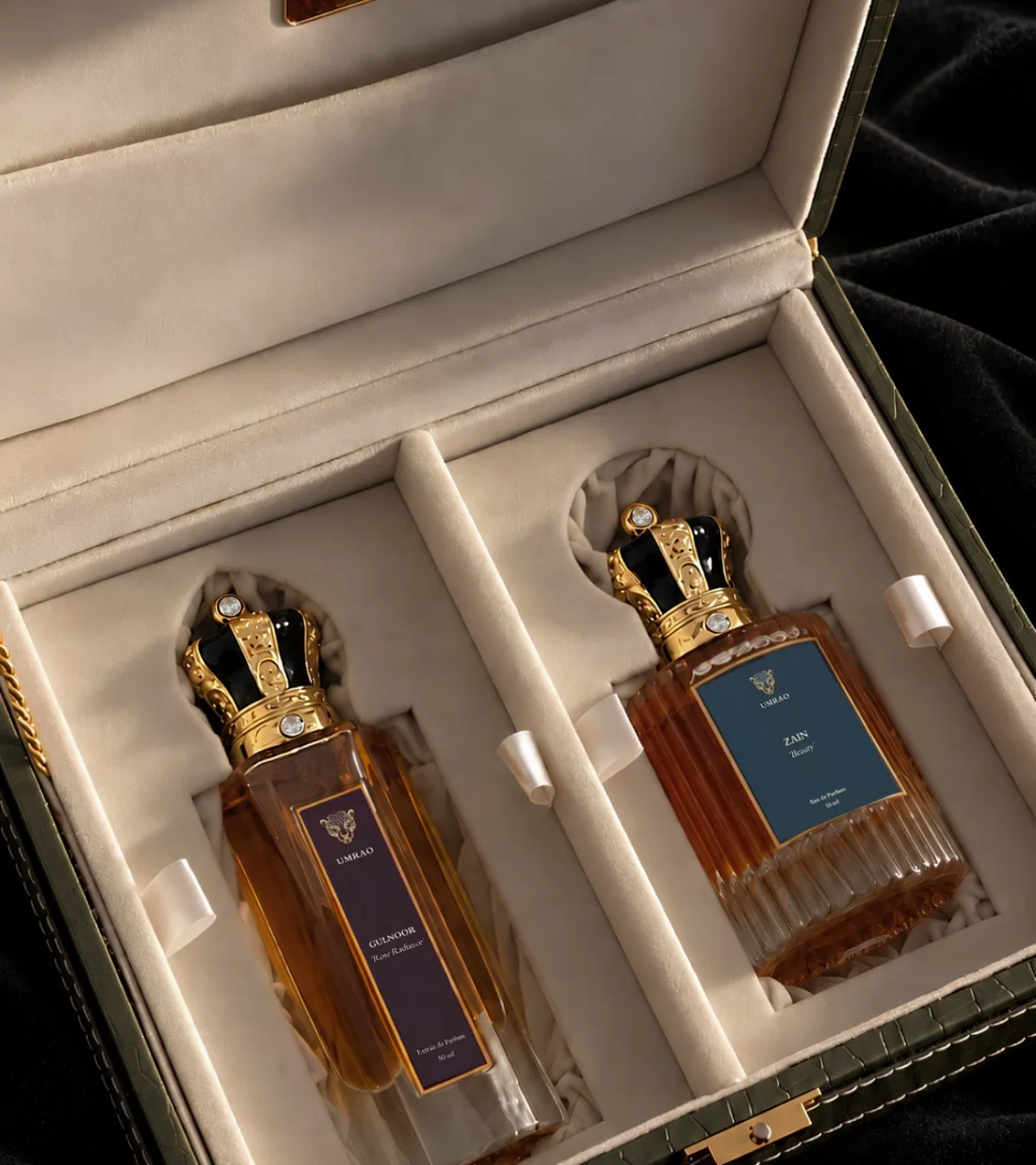 Gulnoor and Zain presented together in an open olive coffret